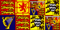 Standard of HM Queen MaryThe Royal Coat of Arms of the United Kingdom are impaled with her family arms- 1st and 4th quarters, the arms of her grandfather HRH Prince Adolphus, Duke of Cambridge; 2nd and 3rd quarters, the arms of her father HH The Duke of Teck